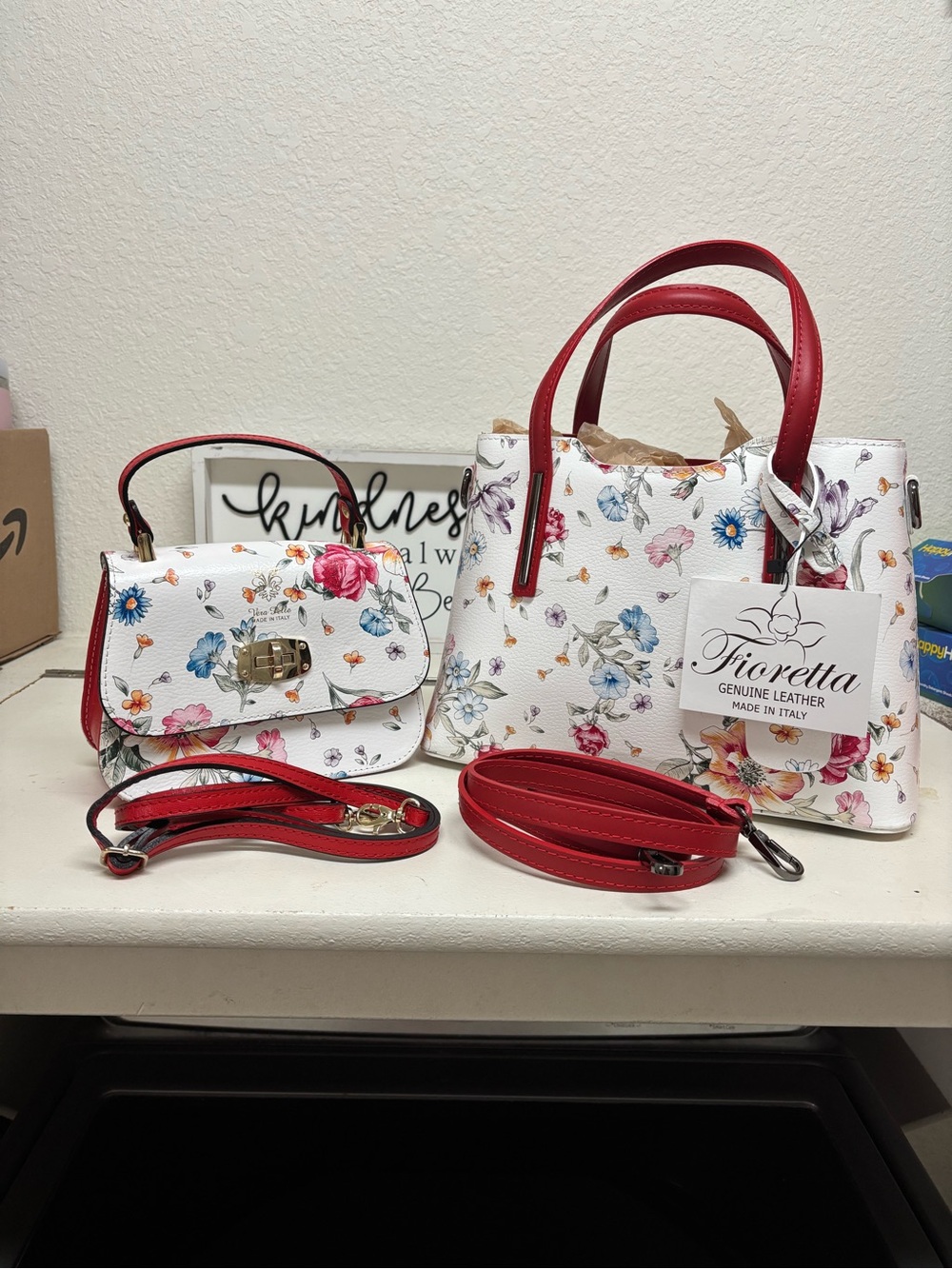 Fioretta White Floral Leather Satchel & Crossbody Set with Red Accents